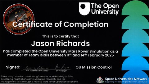 Open University Mars Rover Simulation completion certificate for Jason Richards, Team Isidis