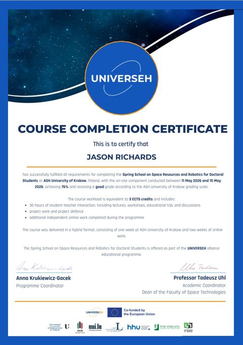 UNIVERSEH Space Resources and Robotics course completion certificate for Jason Richards