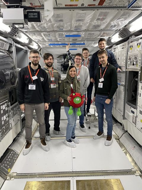 ESA Fly Your Satellite participants inside a spacecraft mock-up