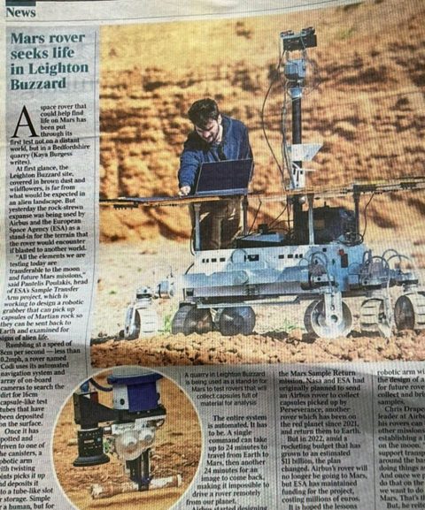 Newspaper clipping about rover field trials in Leighton Buzzard